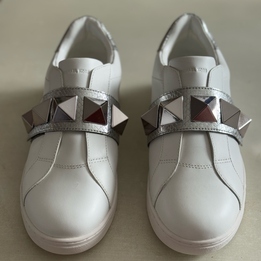 Michael Kors Studded Slip-On Sneakers | White & Silver Statement Sneakers